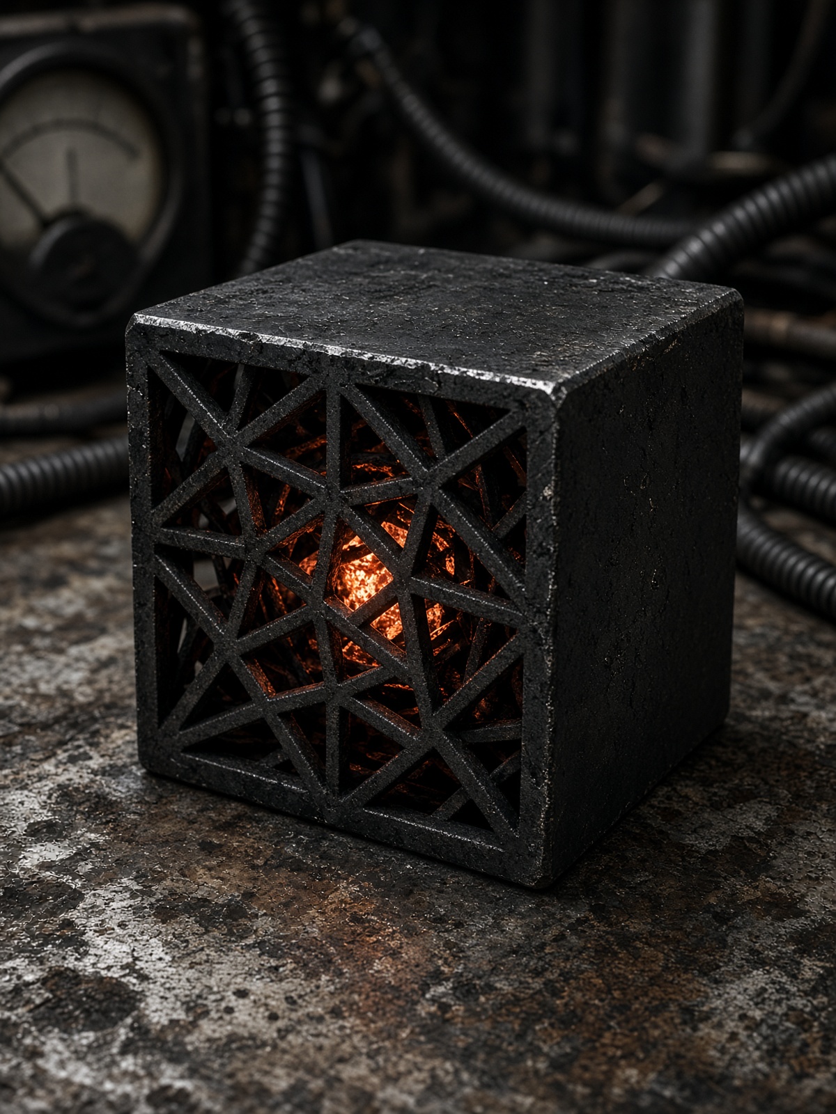Black-steel MetaCube terminal on a scarred workbench, ember core through the lattice