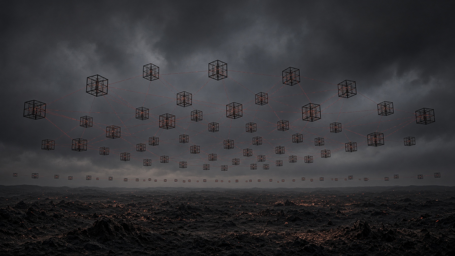 Constellation of MetaCubes linked by ember threads over a charred horizon