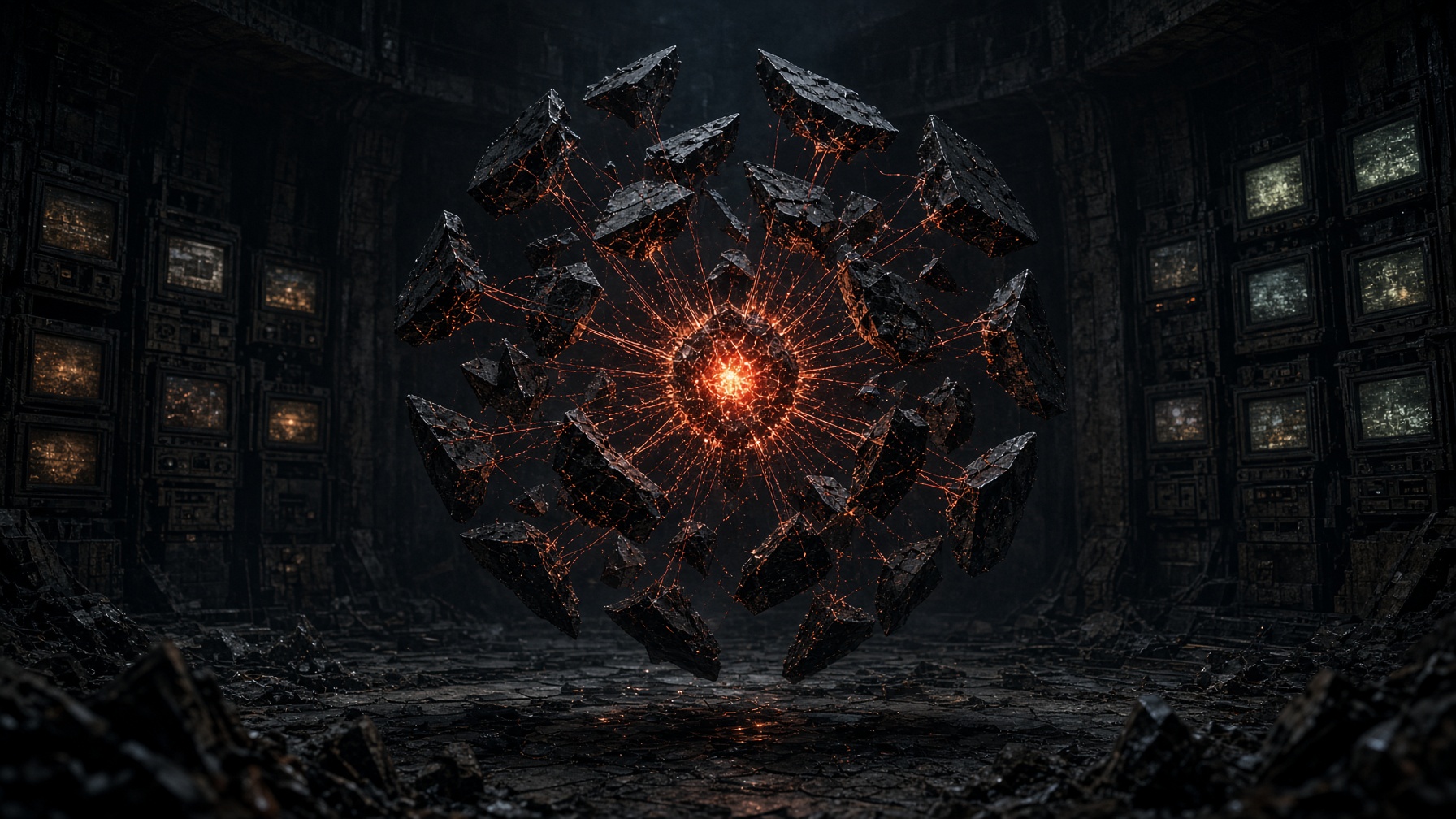 Shattered MetaCube: thirty lattice shards drawn back to one ember core in a trial chamber
