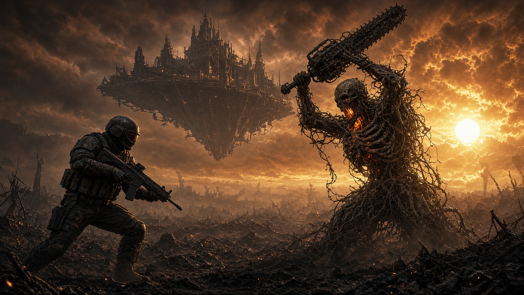 Wide view of the clash under the floating fortress