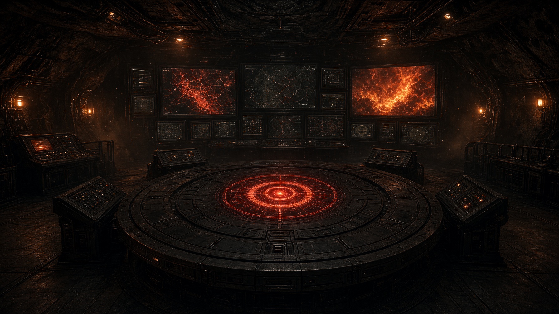 Dark command chamber, red-eye table, analog monitors