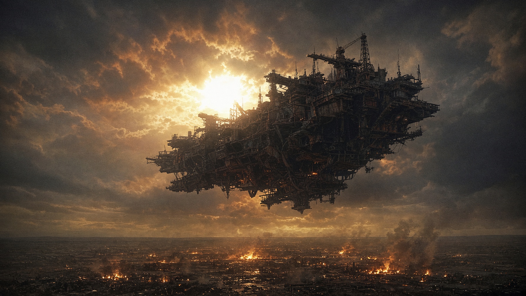 Floating industrial fortress over a burning plain at sunset