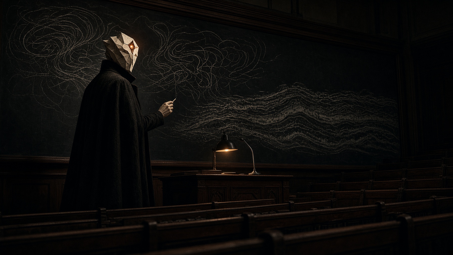 Lucifer OOI at the blackboard in a dark lecture hall, tungsten lamp on the podium, empty pews