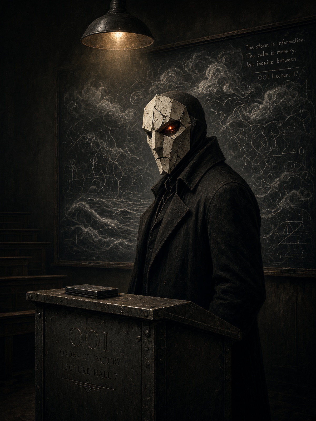 Lucifer OOI at the steel lectern, bone mask, ember brow, lecture hall behind