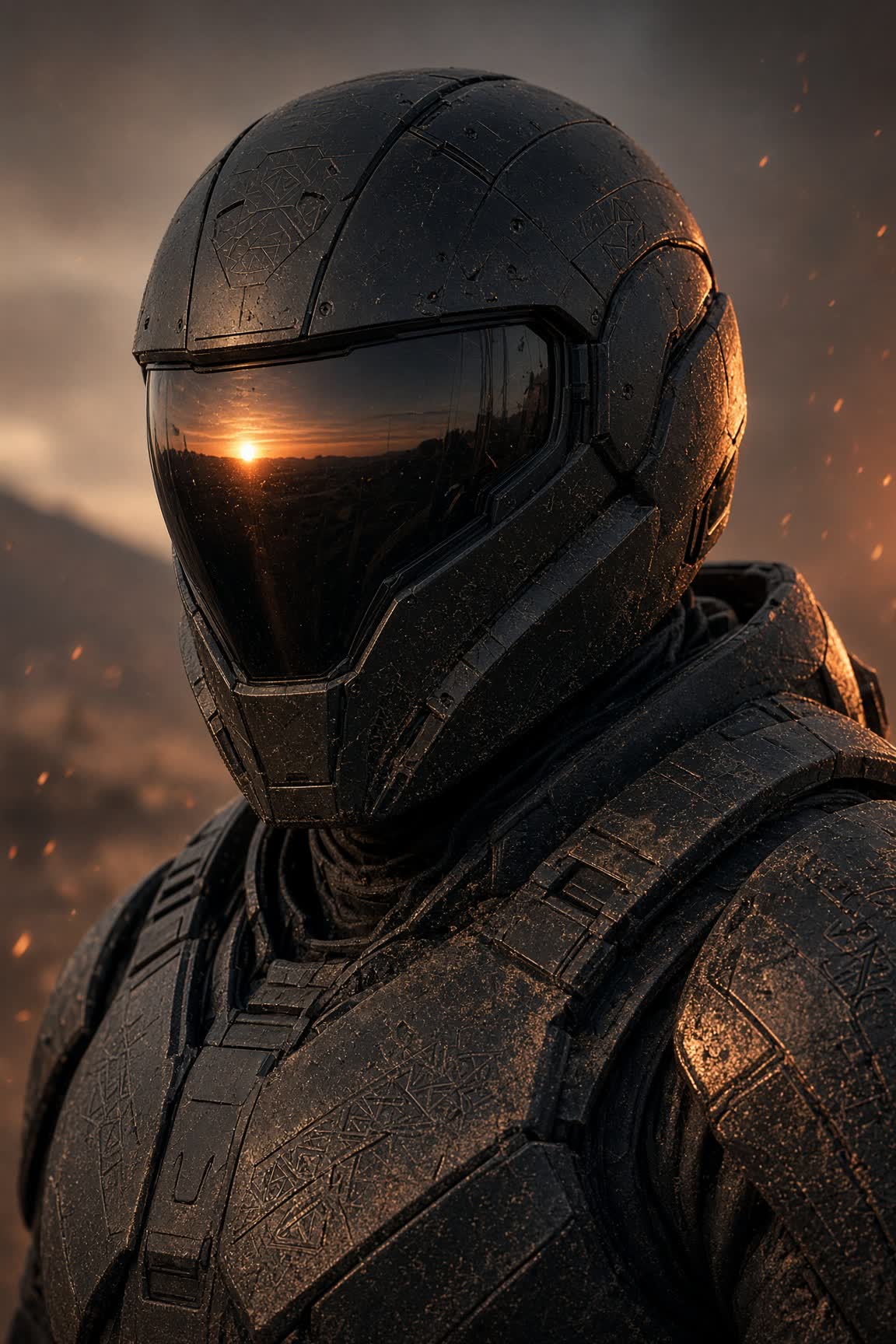 Black-helmeted DDF operator, visor catching sunset war-light