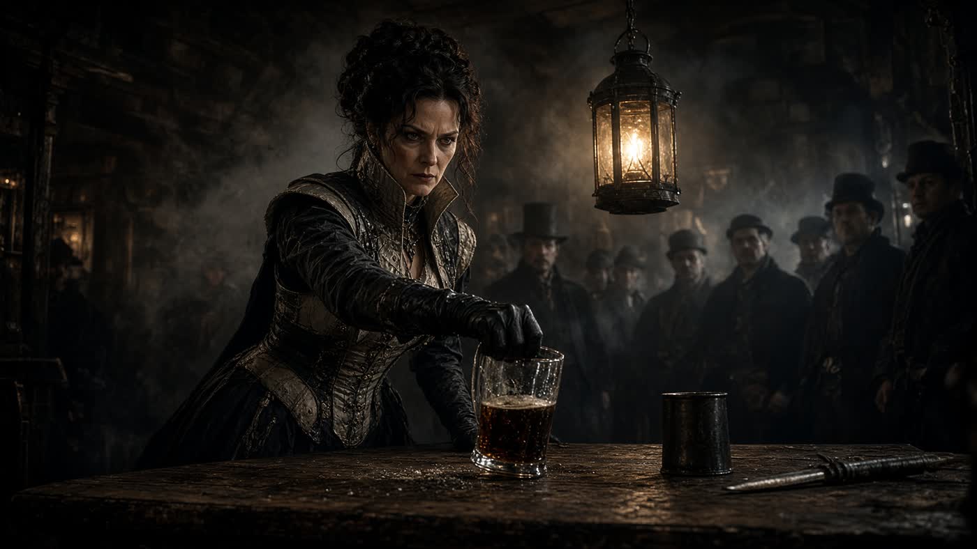 Queen Pandora in the smoke-filled tavern, pint on oak