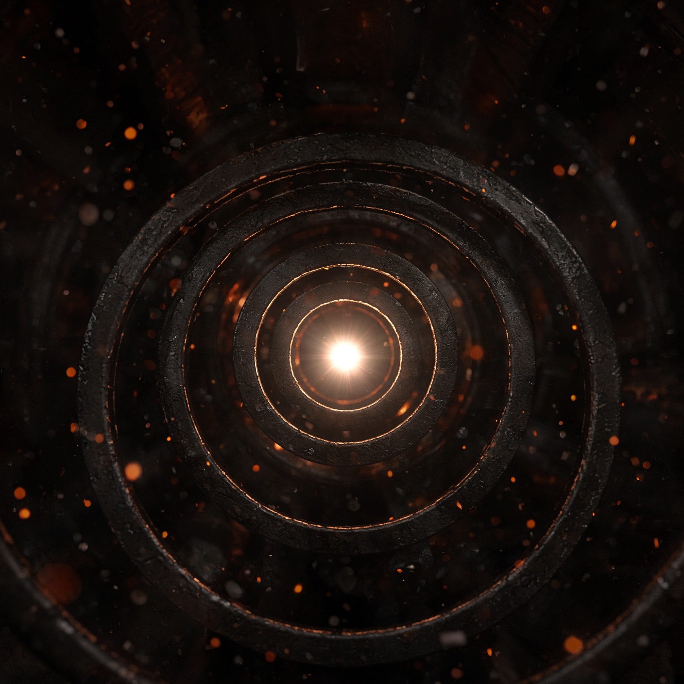 A white-hot spark held in concentric steel rings