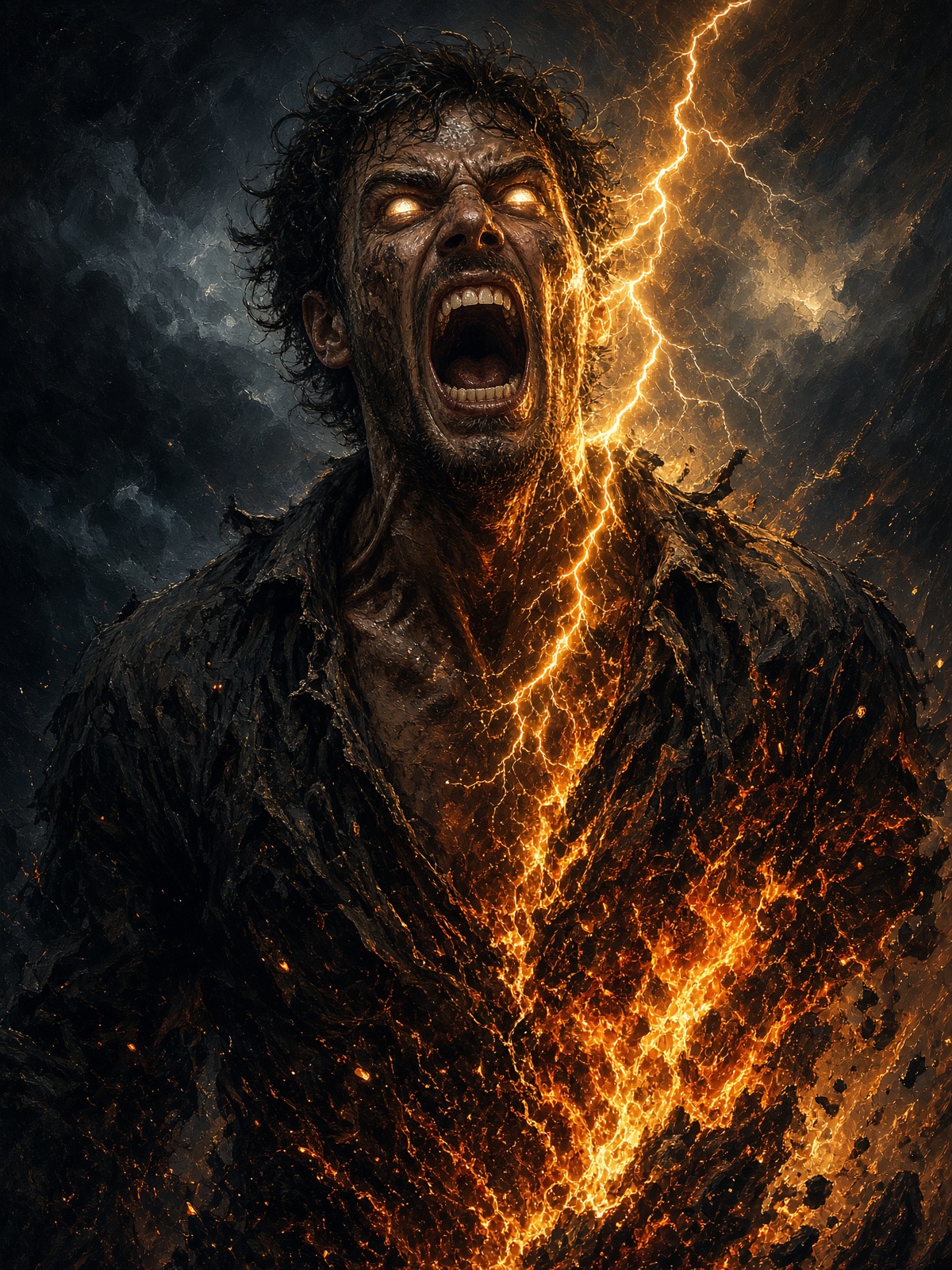 Screaming figure split by lightning, body bursting into fire