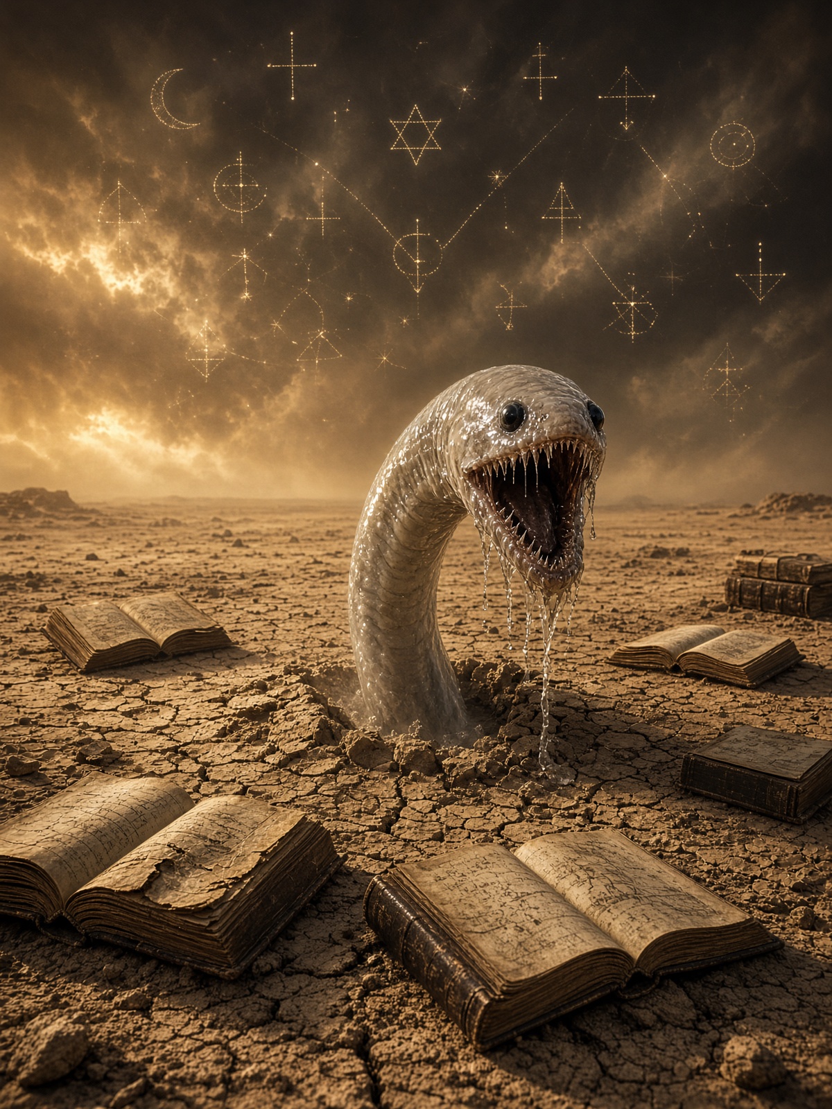 Pale parasitic worm-serpent rearing from desert earth among scattered books