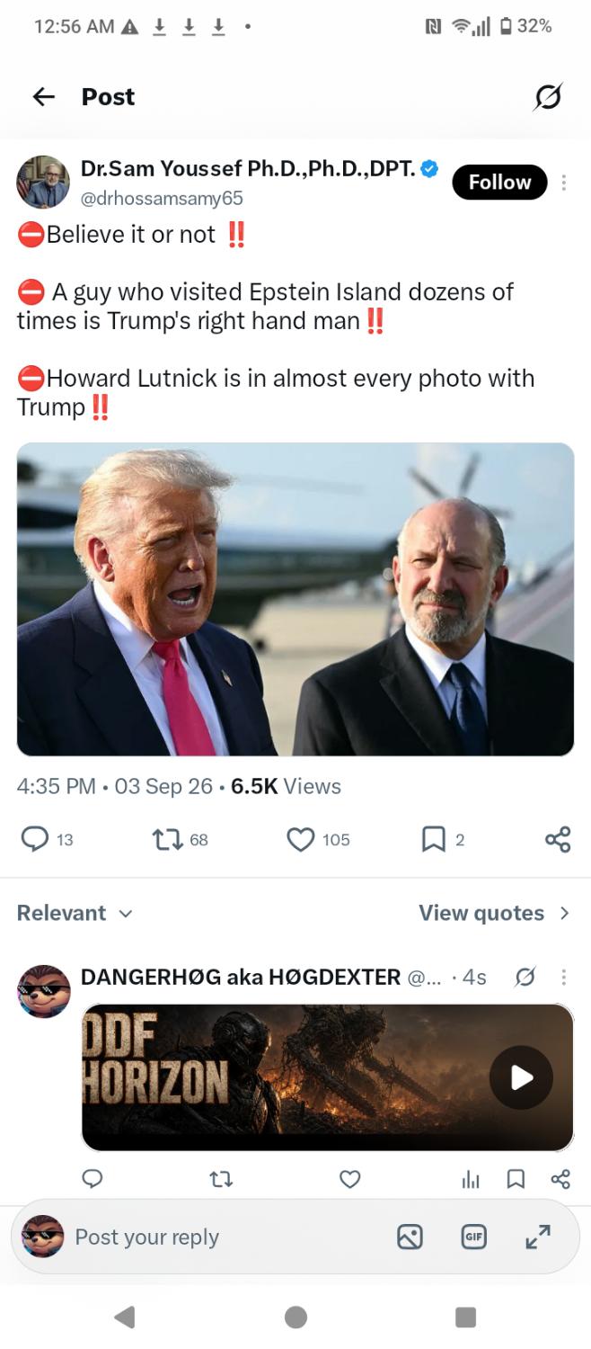 Incoming X post claiming Lutnick visited Epstein Island dozens of times, with a photo of Trump and Lutnick. Filed as the claim, not as the count.
