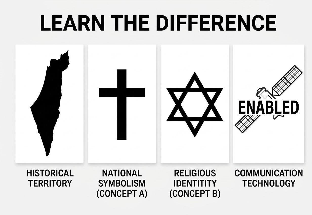 Incoming graphic: four columns labelled historical territory, national symbolism, religious identity, communication technology. Filed as the claim to keep separate, not as a merge.