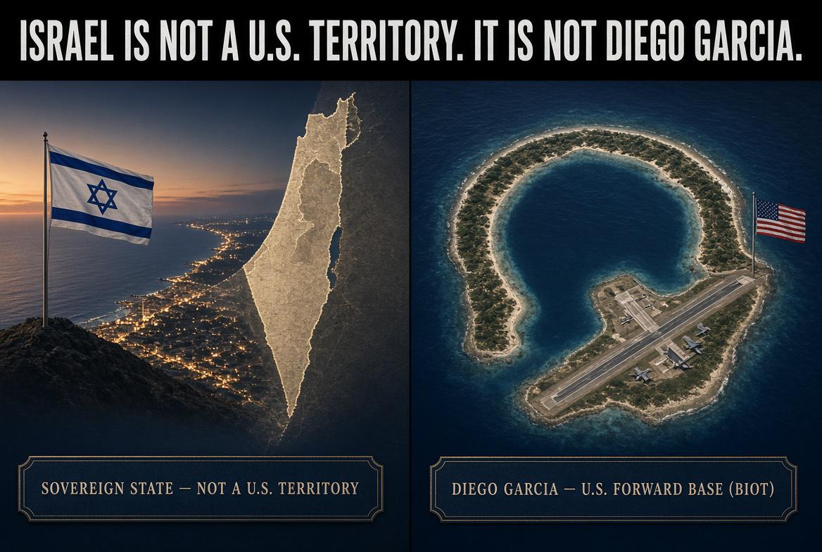 Split plate: Israeli flag and coastline labelled sovereign state, not a U.S. territory; Diego Garcia labelled U.S. forward base, BIOT.