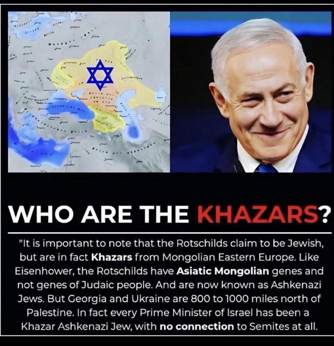 Circulating Khazar-conspiracy graphic: a yellowed Caucasus map beside Benjamin Netanyahu. Filed here as the claim under analysis, not as fact.