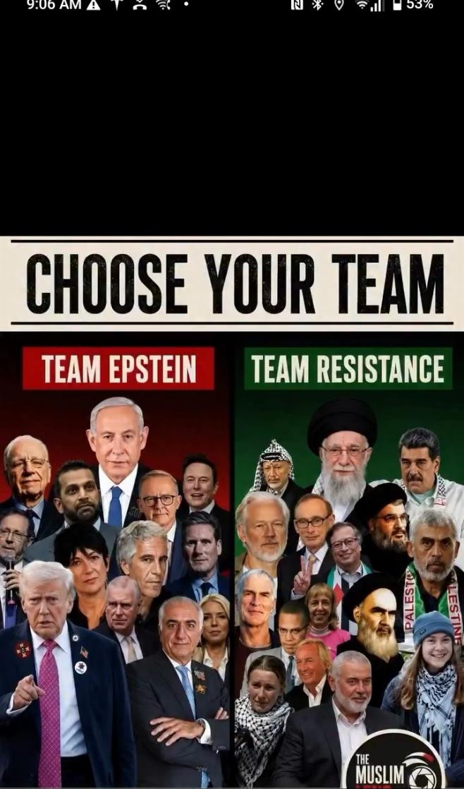 Circulating collage: CHOOSE YOUR TEAM, Team Epstein versus Team Resistance. Filed as the claim under analysis, not as a roster of guilt or virtue.