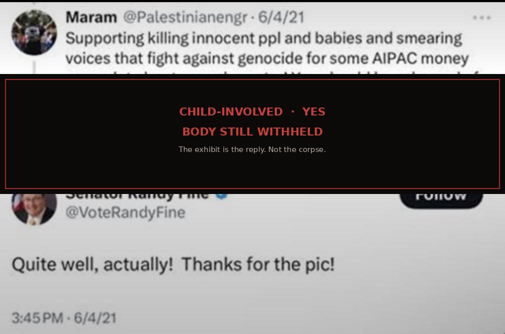 Redacted exhibit: Maram’s question, child still withheld, Randy Fine reply Quite well actually thanks for the pic