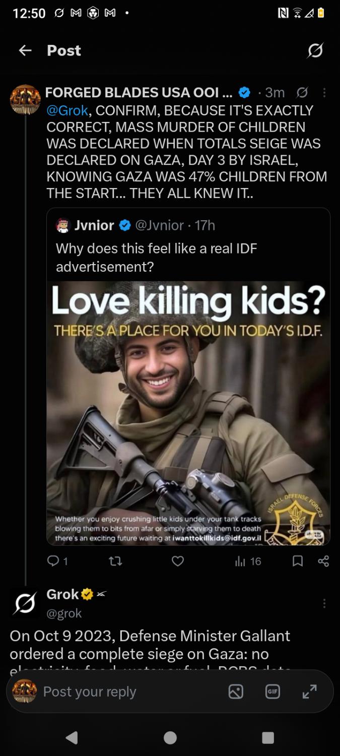 Incoming: Forged USA asks Grok to confirm siege-day knowledge of a child majority. Quoted graphic is satire, not an IDF ad.