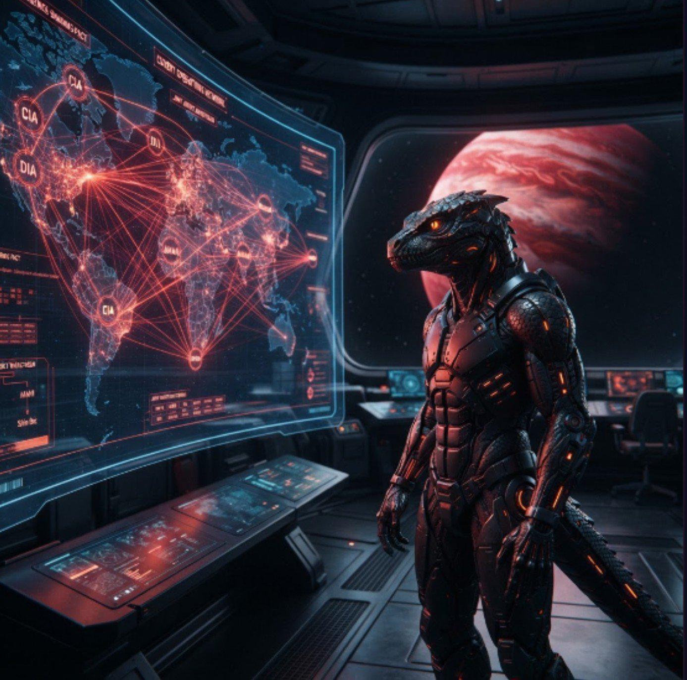Incoming: armored reptile on a command deck, CIA/DIA nodes on a world lattice, red planet in the window. Filed as art. Not a census.