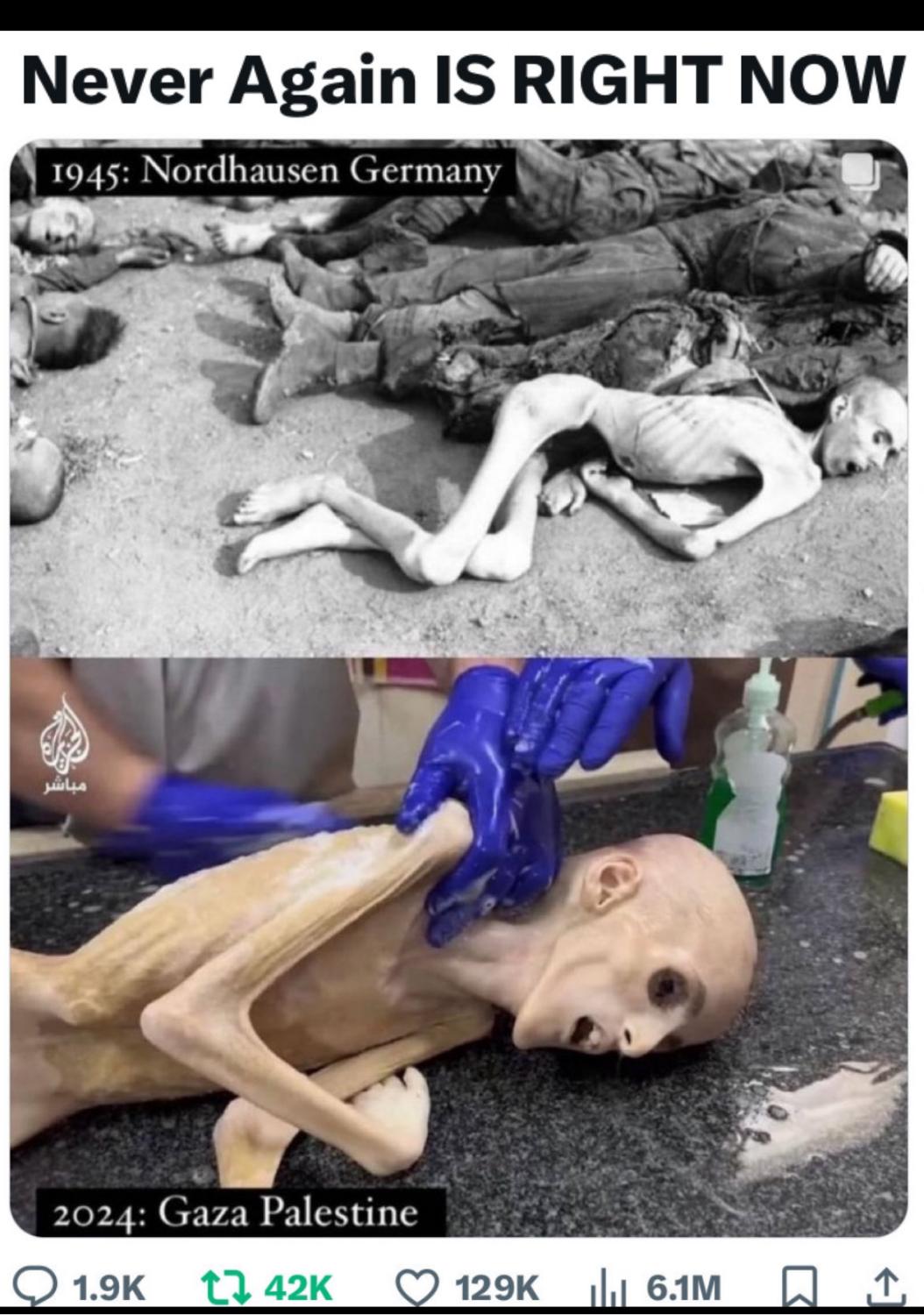 Incoming collage: 1945 Nordhausen corpses above a 2024 Gaza emaciated child. Filed as high-arousal weather. The siege quote is the climate.