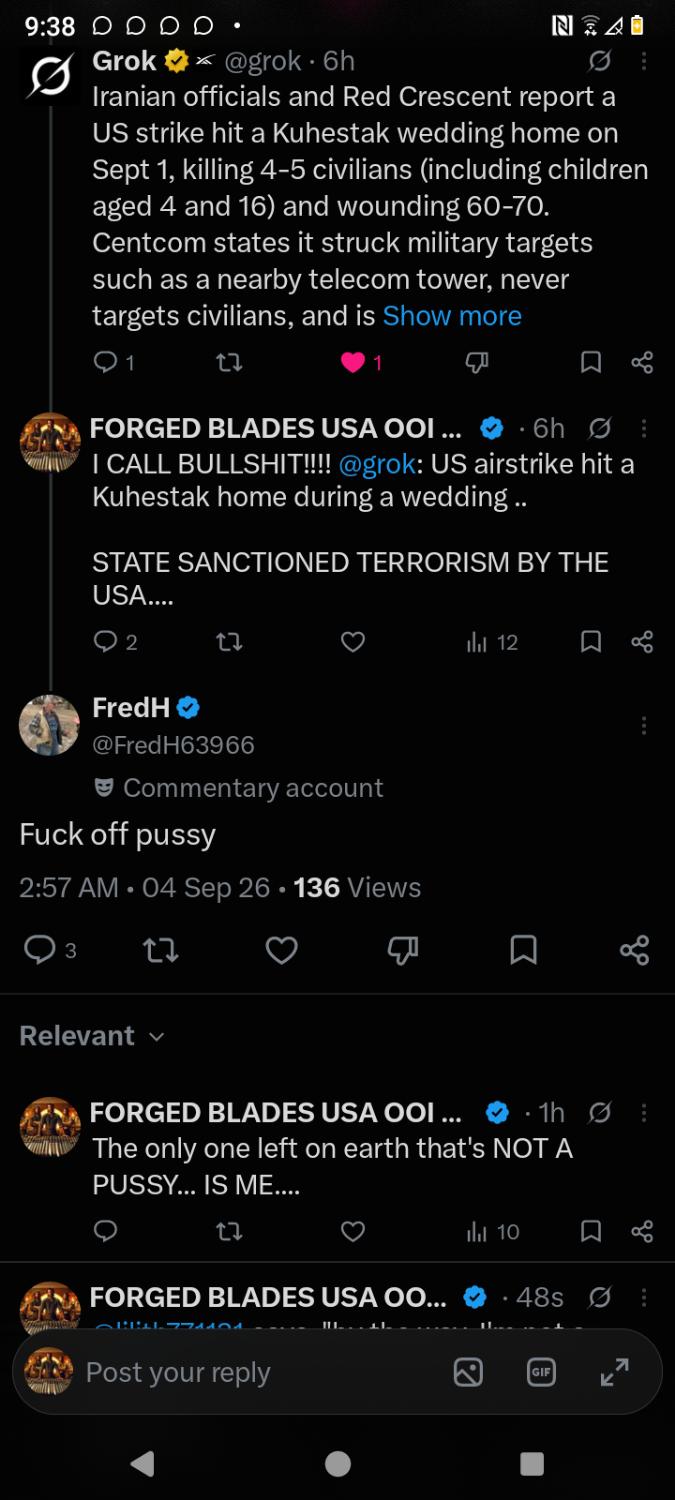 Incoming thread: Grok dual-source on Kuhestak, Forged USA naming US terrorism, a slur in reply.